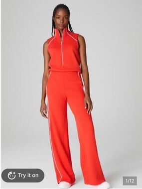 SPANX AirEssentials Pique Sleeveless Open Back Mockneck Wide Leg Jumpsuit Sz XL